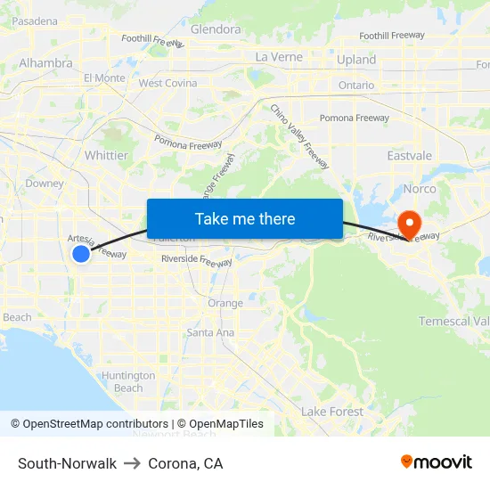 South-Norwalk to Corona, CA map