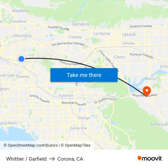 Whittier / Garfield to Corona, CA map