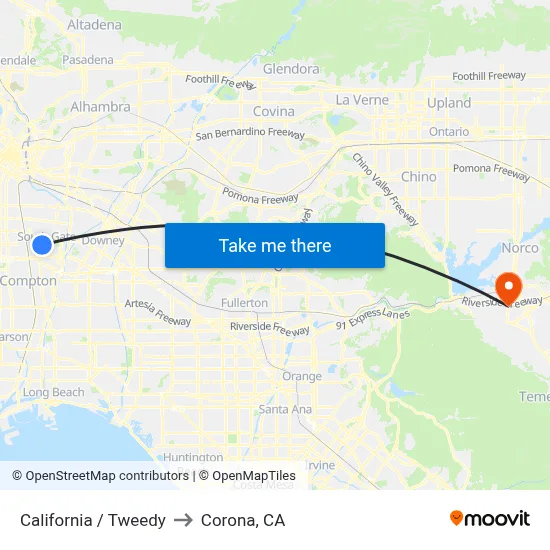 California / Tweedy to Corona, CA map