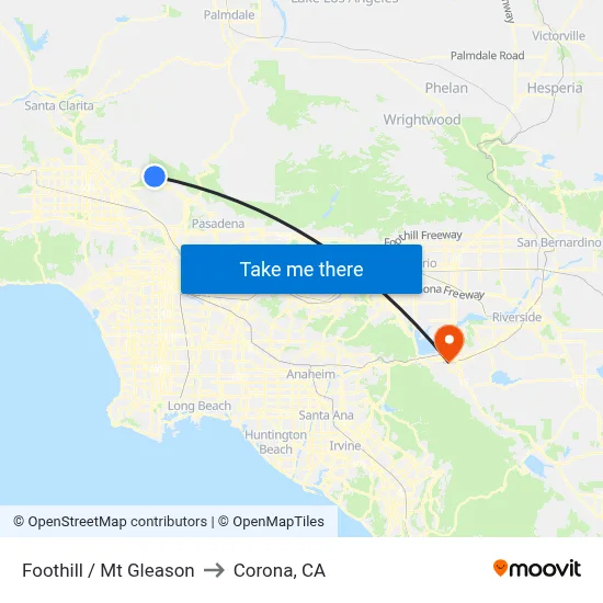 Foothill / Mt Gleason to Corona, CA map
