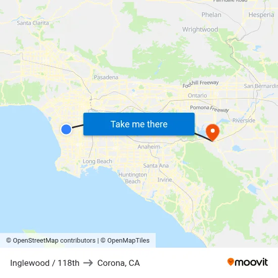 Inglewood / 118th to Corona, CA map