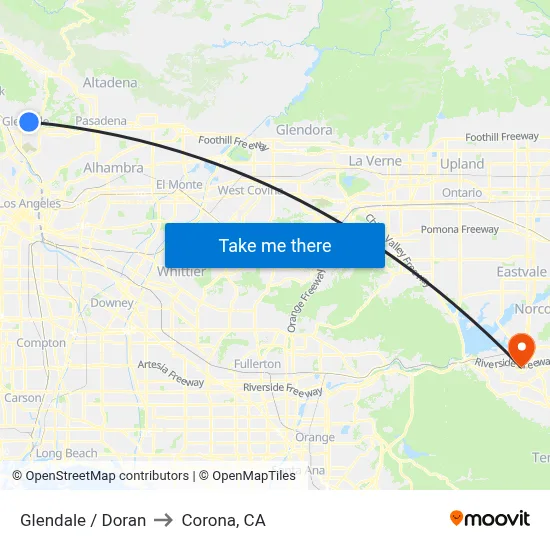 Glendale / Doran to Corona, CA map
