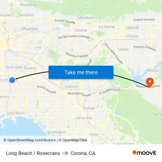 Long Beach / Rosecrans to Corona, CA map