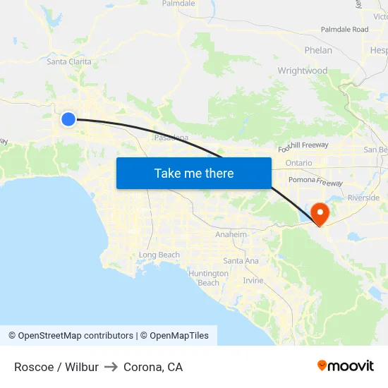 Roscoe / Wilbur to Corona, CA map