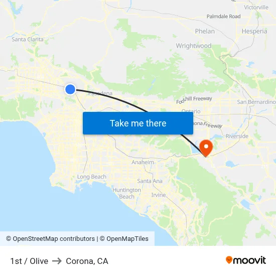 1st / Olive to Corona, CA map