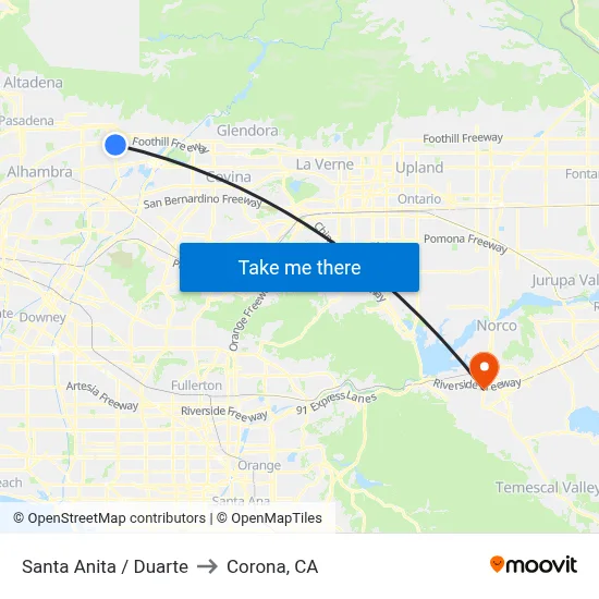 Santa Anita / Duarte to Corona, CA map