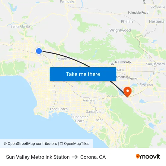 Sun Valley Metrolink Station to Corona, CA map
