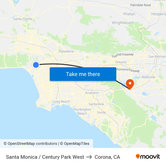 Santa Monica / Century Park West to Corona, CA map