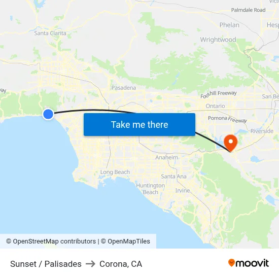 Sunset / Palisades to Corona, CA map