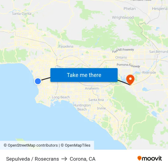 Sepulveda / Rosecrans to Corona, CA map