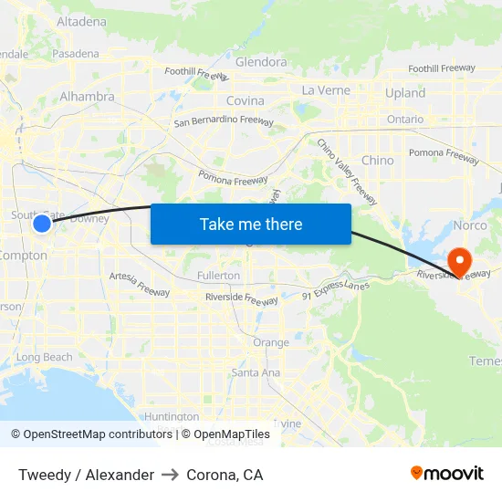 Tweedy / Alexander to Corona, CA map