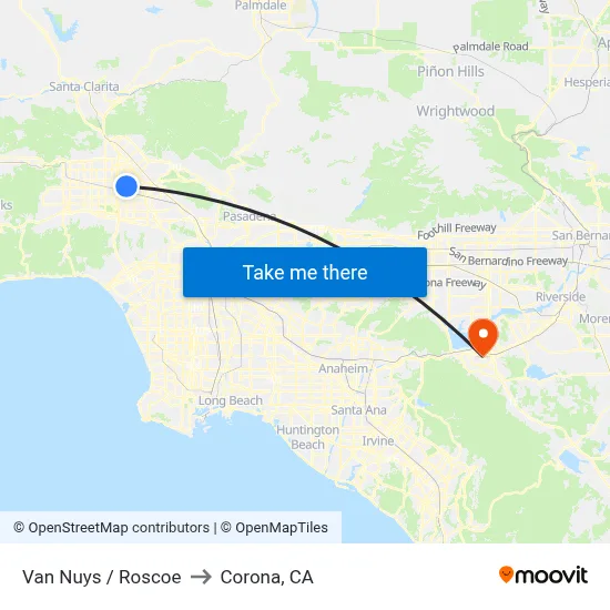 Van Nuys / Roscoe to Corona, CA map