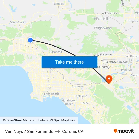 Van Nuys / San Fernando to Corona, CA map