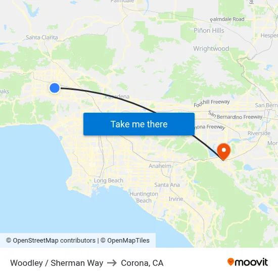 Woodley / Sherman Way to Corona, CA map