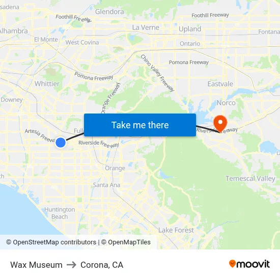 Wax Museum to Corona, CA map