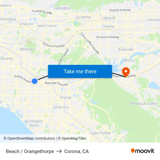 Beach / Orangethorpe to Corona, CA map