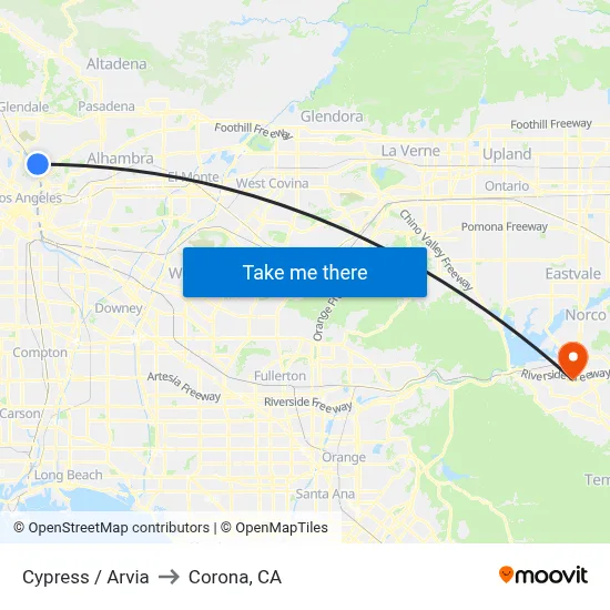 Cypress / Arvia to Corona, CA map