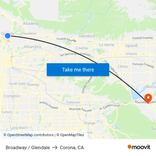 Broadway / Glendale to Corona, CA map