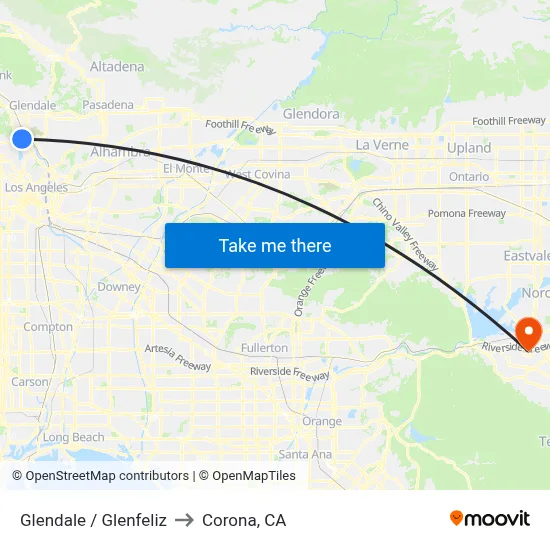 Glendale / Glenfeliz to Corona, CA map