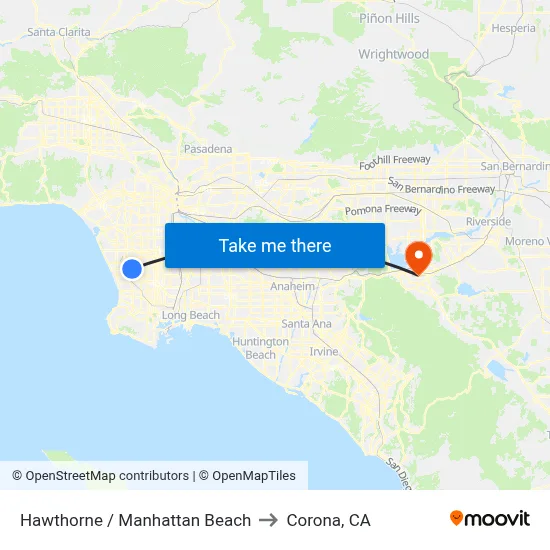 Hawthorne / Manhattan Beach to Corona, CA map