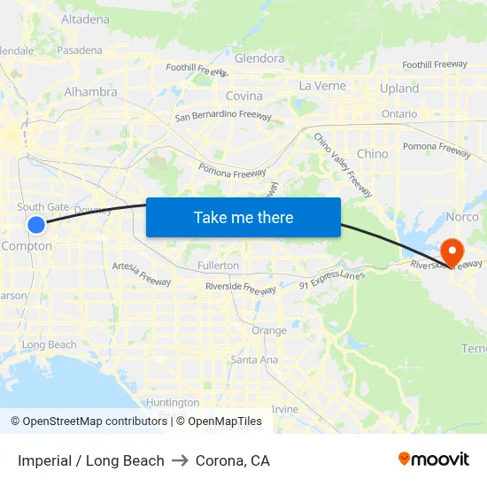 Imperial / Long Beach to Corona, CA map