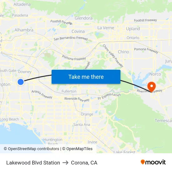Lakewood Blvd Station to Corona, CA map