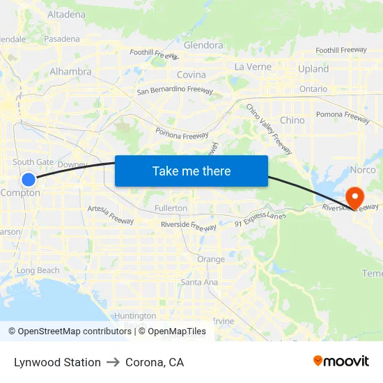 Lynwood Station to Corona, CA map