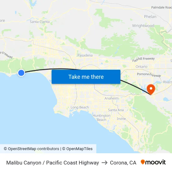 Malibu Canyon / Pacific Coast Highway to Corona, CA map