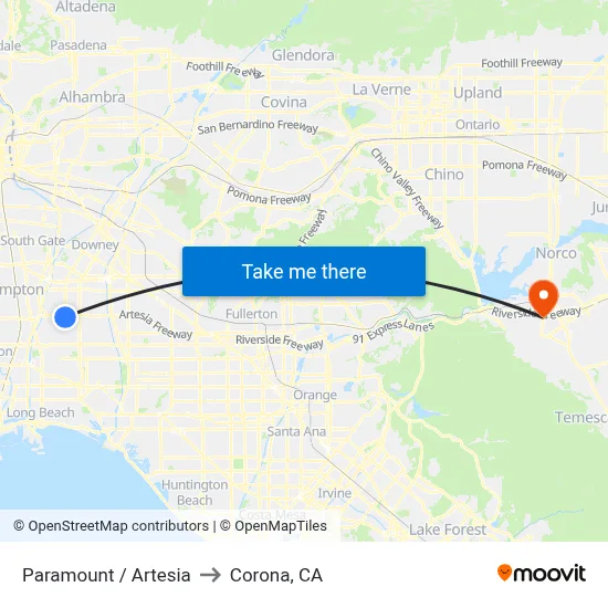 Paramount / Artesia to Corona, CA map