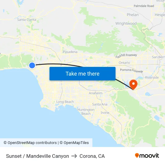 Sunset / Mandeville Canyon to Corona, CA map