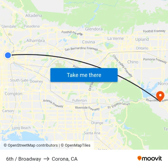6th / Broadway to Corona, CA map