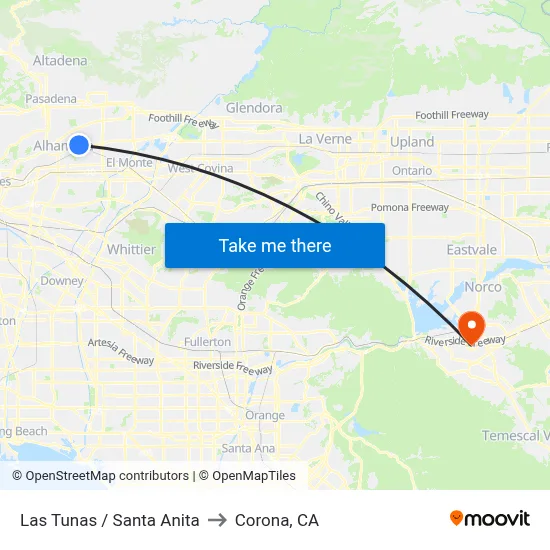 Las Tunas / Santa Anita to Corona, CA map