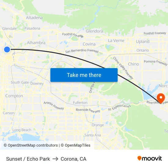 Sunset / Echo Park to Corona, CA map
