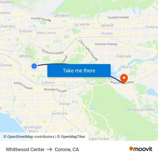 Whittwood Center to Corona, CA map