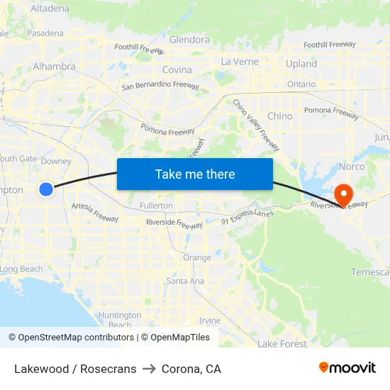 Lakewood / Rosecrans to Corona, CA map