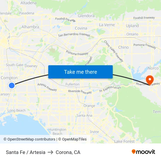 Santa Fe / Artesia to Corona, CA map