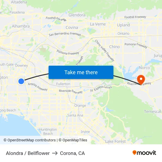 Alondra / Bellflower to Corona, CA map