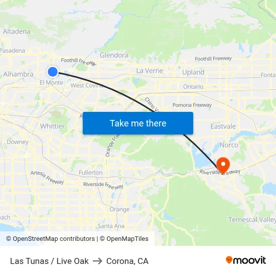 Las Tunas / Live Oak to Corona, CA map