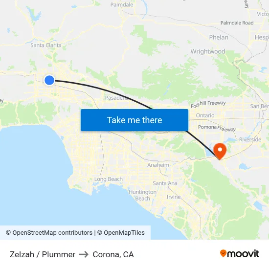 Zelzah / Plummer to Corona, CA map