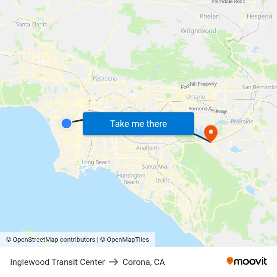 Inglewood Transit Center to Corona, CA map