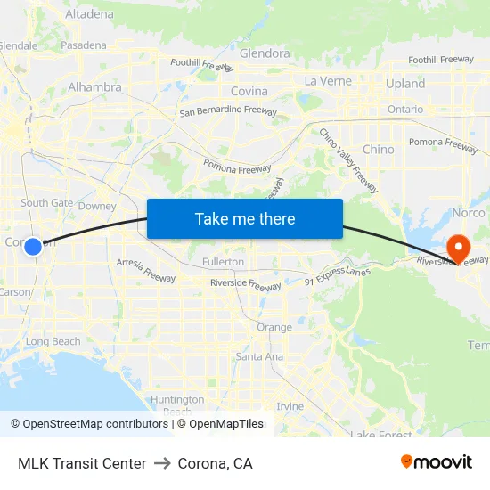 MLK Transit Center to Corona, CA map