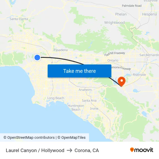 Laurel Canyon / Hollywood to Corona, CA map