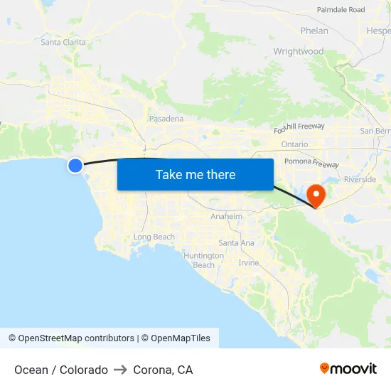 Ocean / Colorado to Corona, CA map