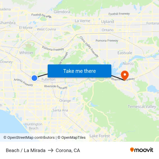 Beach / La Mirada to Corona, CA map