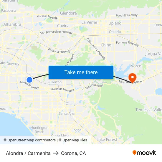 Alondra / Carmenita to Corona, CA map