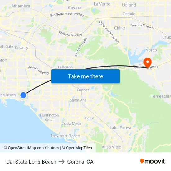 Cal State Long Beach to Corona, CA map