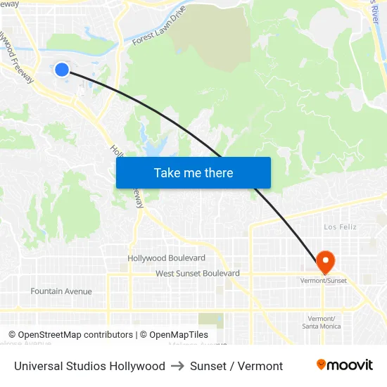 Universal Studios Hollywood to Sunset / Vermont map