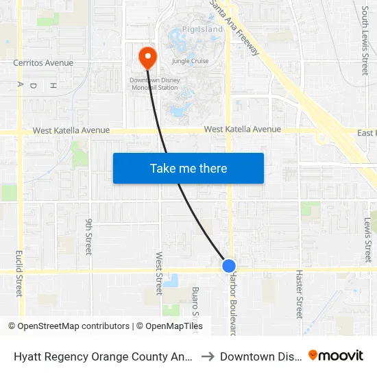Hyatt Regency Orange County Anaheim to Downtown Disney map