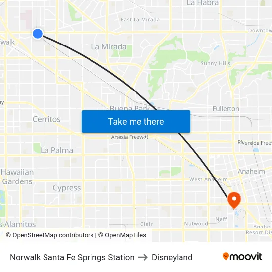 Norwalk Santa Fe Springs Station to Disneyland map