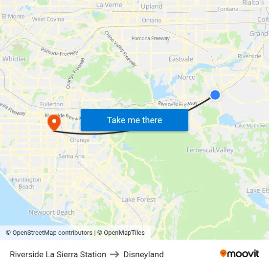 Riverside La Sierra Station to Disneyland map
